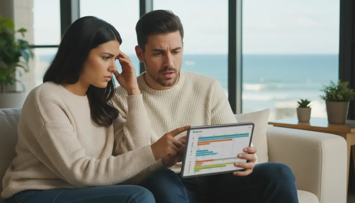 Casal analisando cronograma de obra em um tablet, preocupado com o atraso na entrega do imóvel