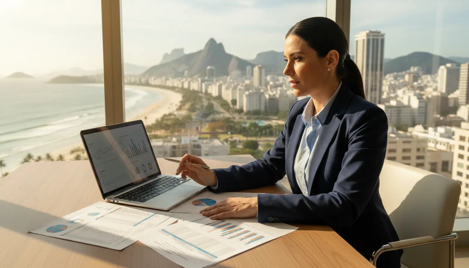 Profissional analisando documentos financeiros e notebook em escritório com vista para cidade litorânea