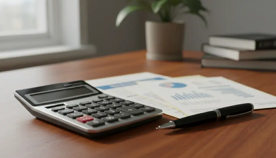 Calculadora, caneta e documentos de investimento imobiliário sobre mesa de madeira