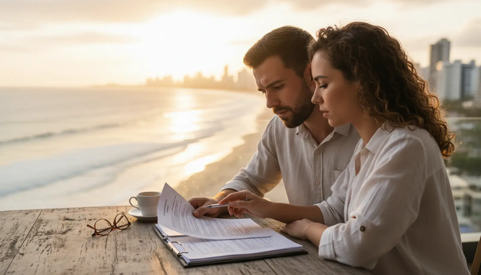 Casal analisando documentos de contrato imobiliário em mesa com vista para o mar em Porto Belo SC