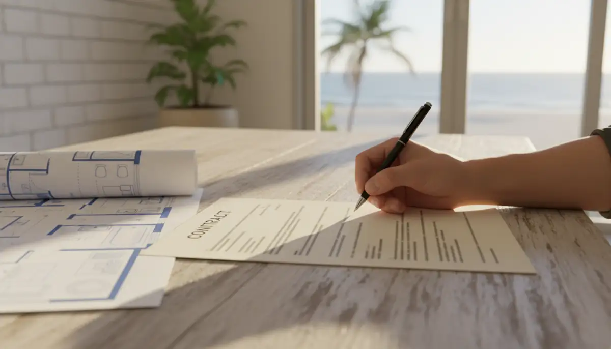 Mãos assinando contrato de distrato imobiliário com chaves e planta baixa sobre a mesa