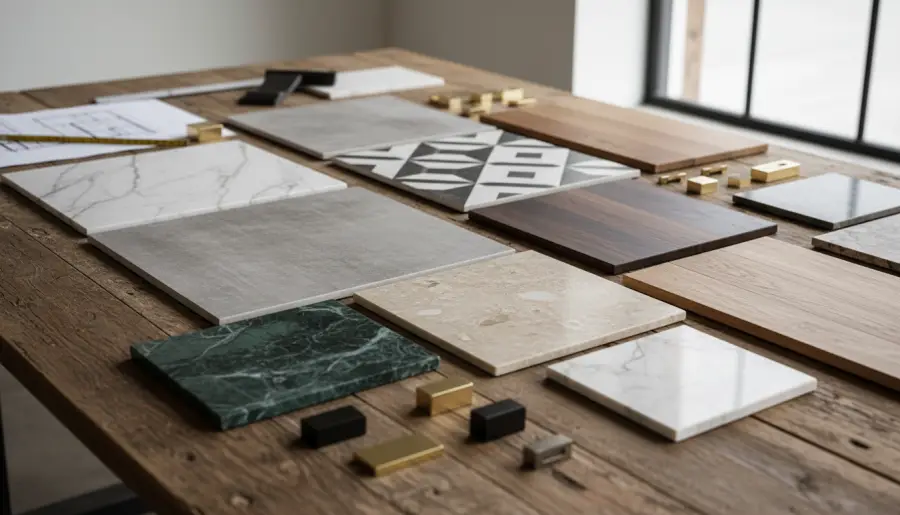 Amostras de piso, mármore e materiais de acabamento organizadas sobre mesa em showroom