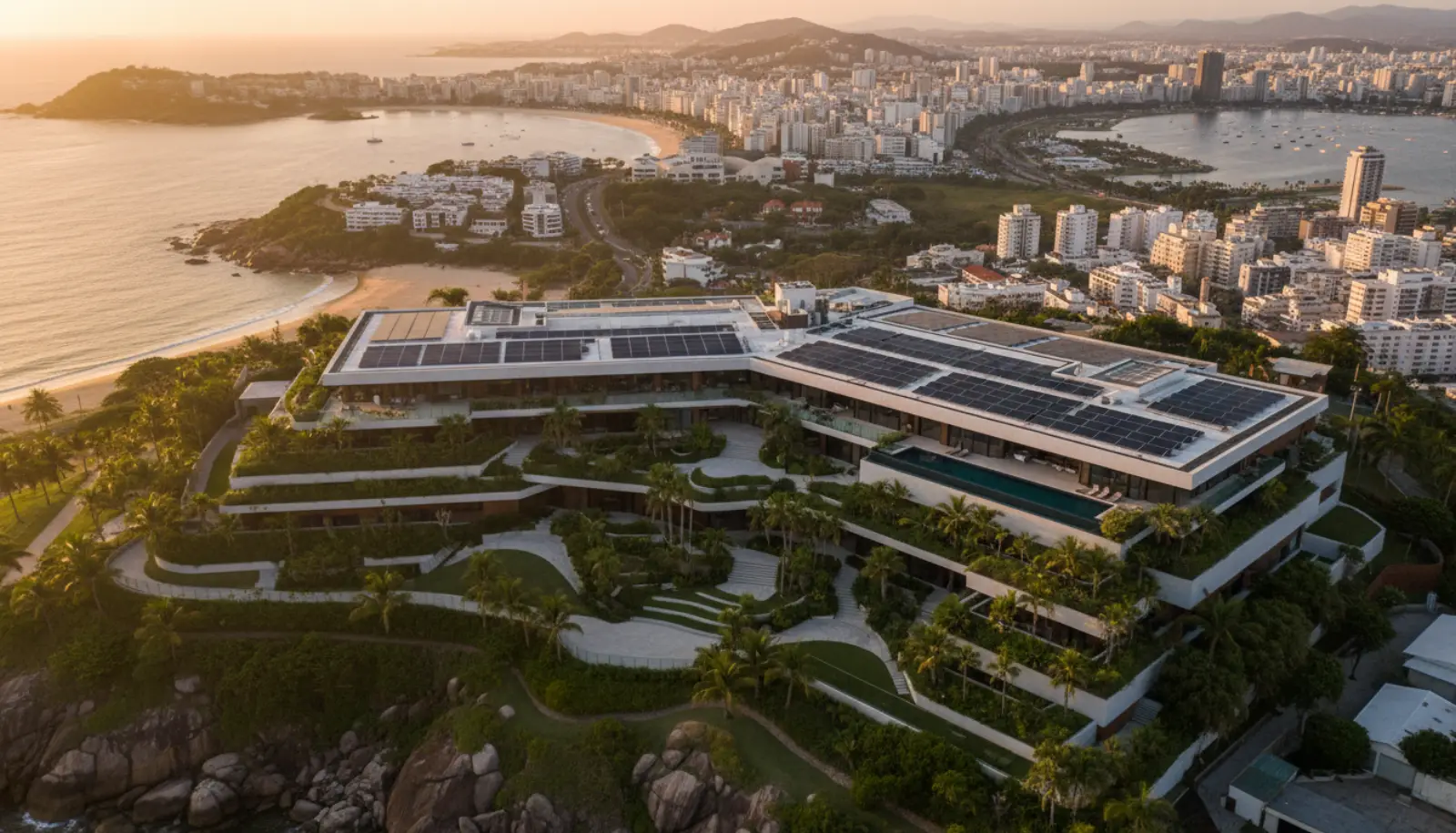 Vista aérea de prédio residencial moderno com painéis solares no telhado e área verde, litoral catarinense ao fundo