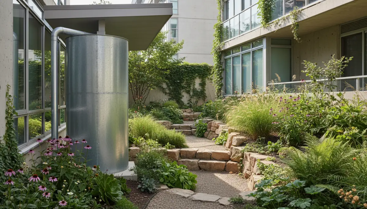 Cisterna de captação de água da chuva e jardim com plantas nativas em área comum de condomínio residencial